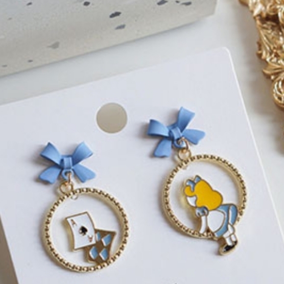 Alice in Wonderland Drop Earrings Whimsical Blue Bow Dangles - Picture 7 of 8
